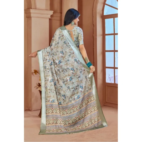 Women's Printed Cotton Linen Saree withPrinted  Saree With Unstitched Blouse (Mint Green, 5-6Mtrs) - Image 2