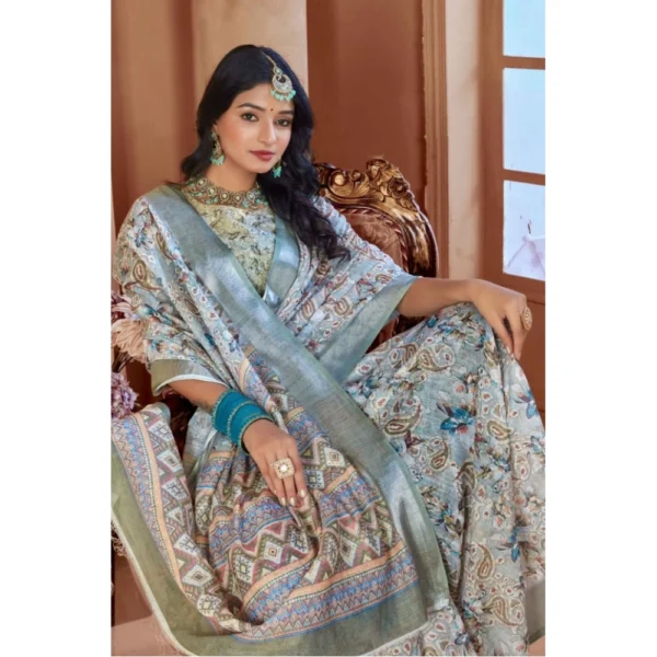 Women's Printed Cotton Linen Saree withPrinted  Saree With Unstitched Blouse (Mint Green, 5-6Mtrs) - Image 3