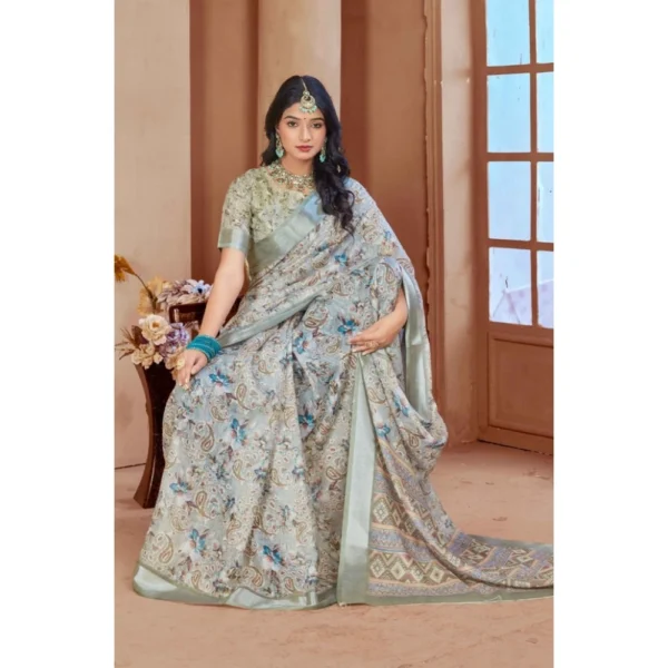 Women's Printed Cotton Linen Saree withPrinted  Saree With Unstitched Blouse (Mint Green, 5-6Mtrs) - Image 4