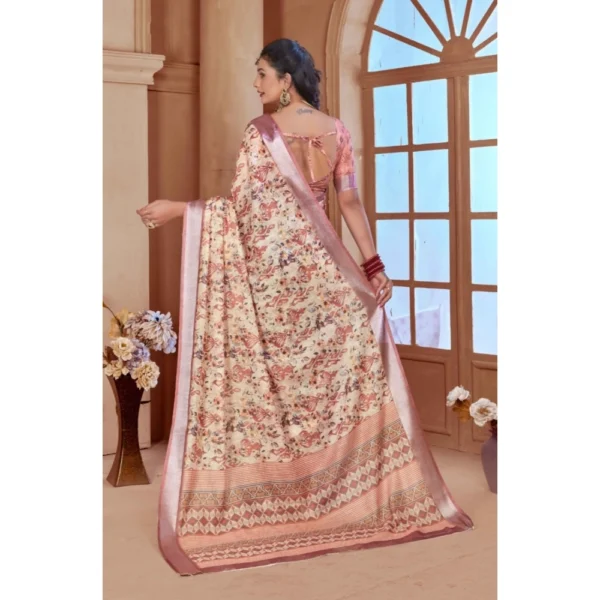 Women's Printed Cotton Linen Saree withPrinted  Saree With Unstitched Blouse (Beige, 5-6Mtrs) - Image 2