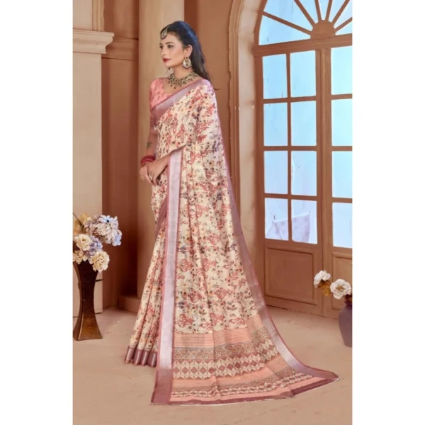 Women's Printed Cotton Linen Saree withPrinted  Saree With Unstitched Blouse (Beige, 5-6Mtrs) - Image 3