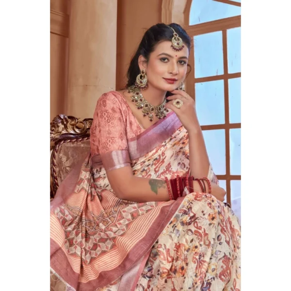 Women's Printed Cotton Linen Saree withPrinted  Saree With Unstitched Blouse (Beige, 5-6Mtrs) - Image 4
