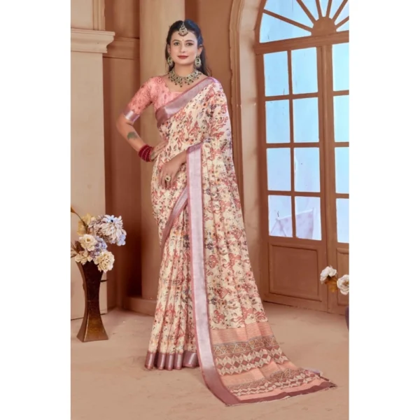 Women's Printed Cotton Linen Saree withPrinted  Saree With Unstitched Blouse (Beige, 5-6Mtrs) - Image 5