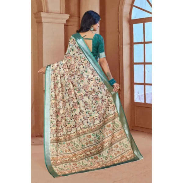 Women's Printed Cotton Linen Saree withPrinted  Saree With Unstitched Blouse (Green, 5-6Mtrs) - Image 2