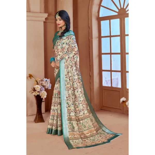 Women's Printed Cotton Linen Saree withPrinted  Saree With Unstitched Blouse (Green, 5-6Mtrs) - Image 3