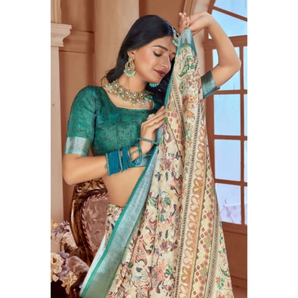 Women's Printed Cotton Linen Saree withPrinted  Saree With Unstitched Blouse (Green, 5-6Mtrs) - Image 4