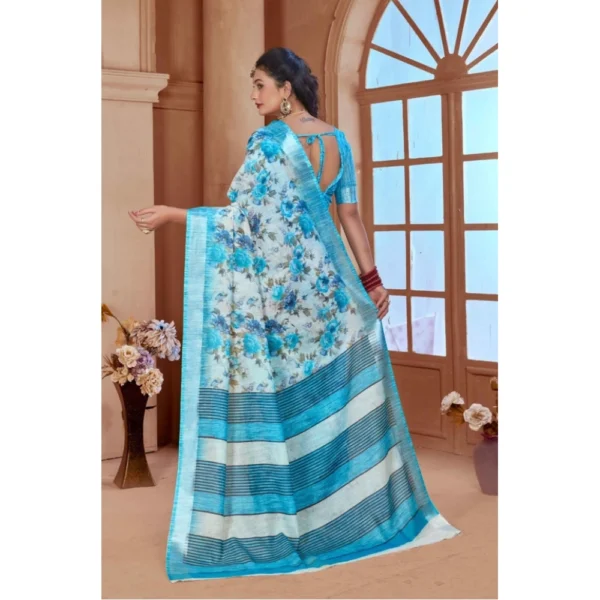 Women's Printed Cotton Linen Saree withPrinted  Saree With Unstitched Blouse (Blue, 5-6Mtrs) - Image 2