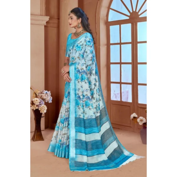 Women's Printed Cotton Linen Saree withPrinted  Saree With Unstitched Blouse (Blue, 5-6Mtrs) - Image 3