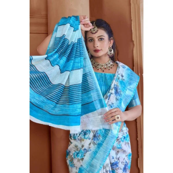 Women's Printed Cotton Linen Saree withPrinted  Saree With Unstitched Blouse (Blue, 5-6Mtrs) - Image 4