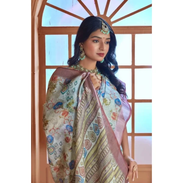 Women's Printed Cotton Linen Saree withPrinted  Saree With Unstitched Blouse (Rust  , 5-6Mtrs) - Image 3