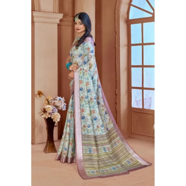 Women's Printed Cotton Linen Saree withPrinted  Saree With Unstitched Blouse (Rust  , 5-6Mtrs) - Image 4