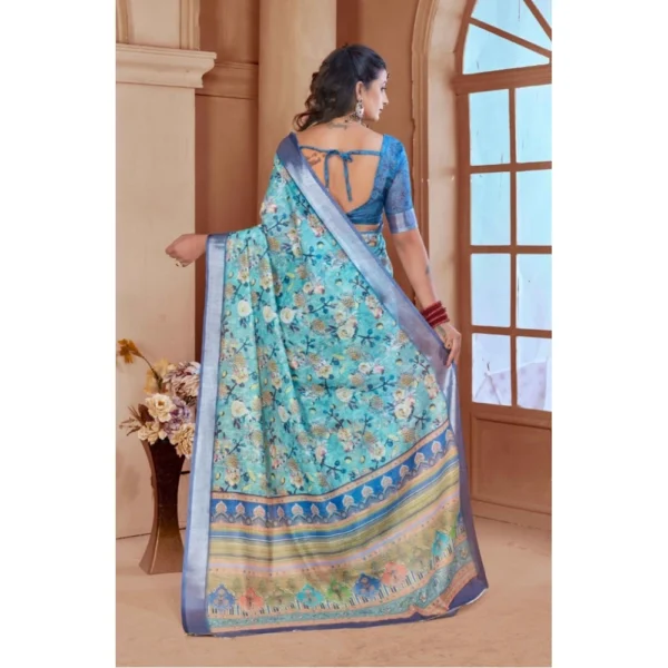 Women's Printed Cotton Linen Saree withPrinted  Saree With Unstitched Blouse (Light Blue, 5-6Mtrs) - Image 2