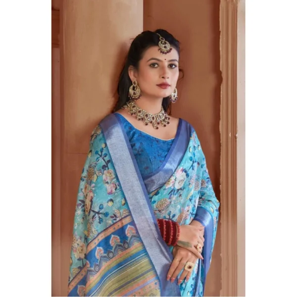 Women's Printed Cotton Linen Saree withPrinted  Saree With Unstitched Blouse (Light Blue, 5-6Mtrs) - Image 4