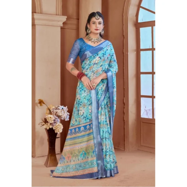 Women's Printed Cotton Linen Saree withPrinted  Saree With Unstitched Blouse (Light Blue, 5-6Mtrs) - Image 5