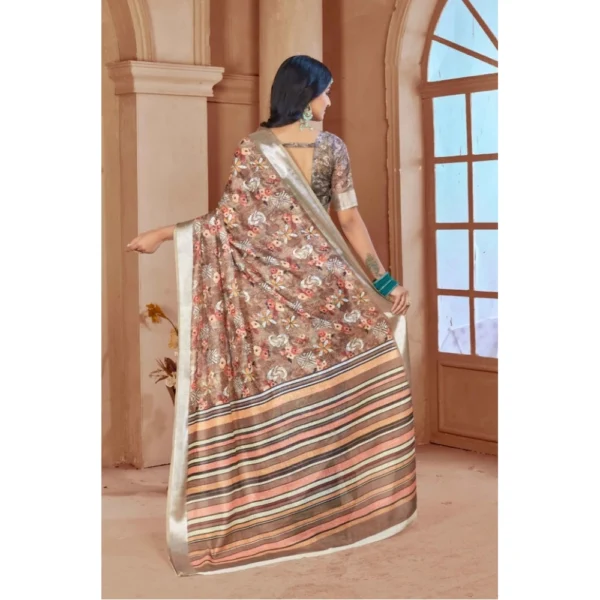 Women's Printed Cotton Linen Saree withPrinted  Saree With Unstitched Blouse (Brown , 5-6Mtrs) - Image 2