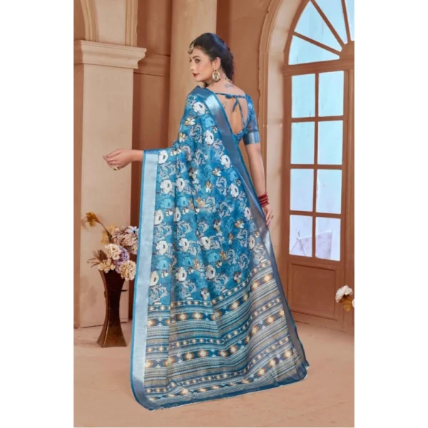 Women's Printed Cotton Linen Saree withPrinted  Saree With Unstitched Blouse (Blue, 5-6Mtrs) - Image 2