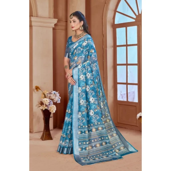 Women's Printed Cotton Linen Saree withPrinted  Saree With Unstitched Blouse (Blue, 5-6Mtrs) - Image 3
