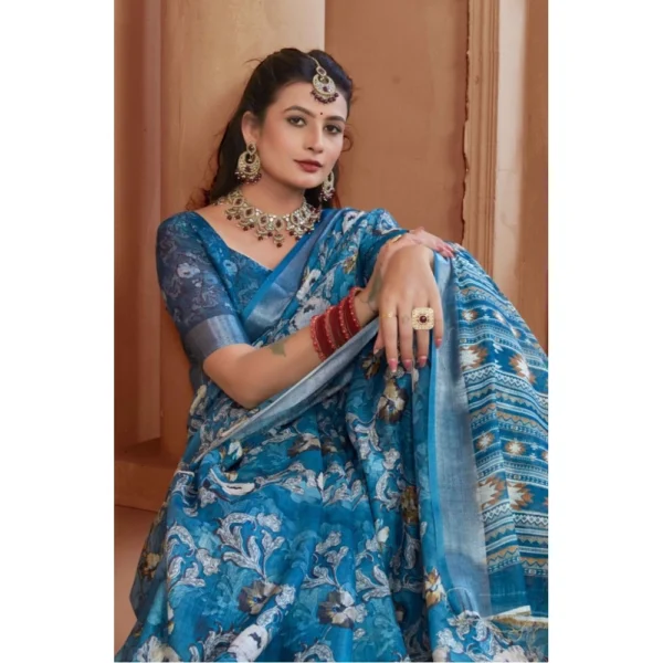 Women's Printed Cotton Linen Saree withPrinted  Saree With Unstitched Blouse (Blue, 5-6Mtrs) - Image 4