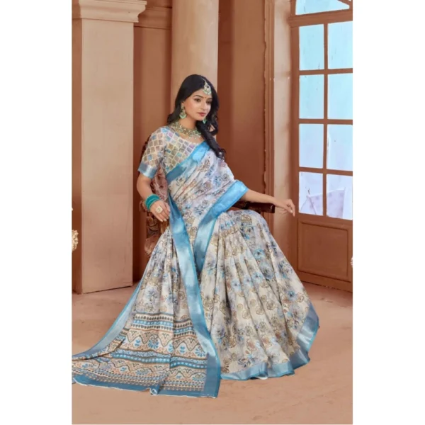 Women's Printed Cotton Linen Saree withPrinted  Saree With Unstitched Blouse (Beige , 5-6Mtrs) - Image 2