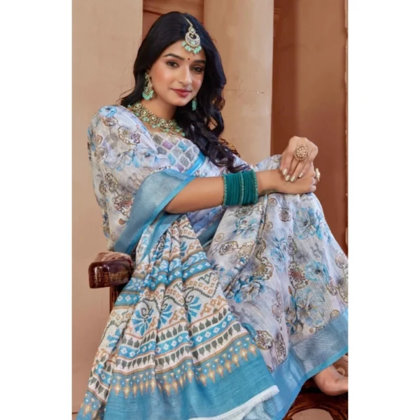 Women's Printed Cotton Linen Saree withPrinted  Saree With Unstitched Blouse (Beige , 5-6Mtrs) - Image 3