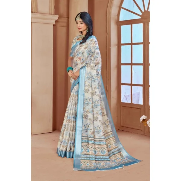 Women's Printed Cotton Linen Saree withPrinted  Saree With Unstitched Blouse (Beige , 5-6Mtrs) - Image 4