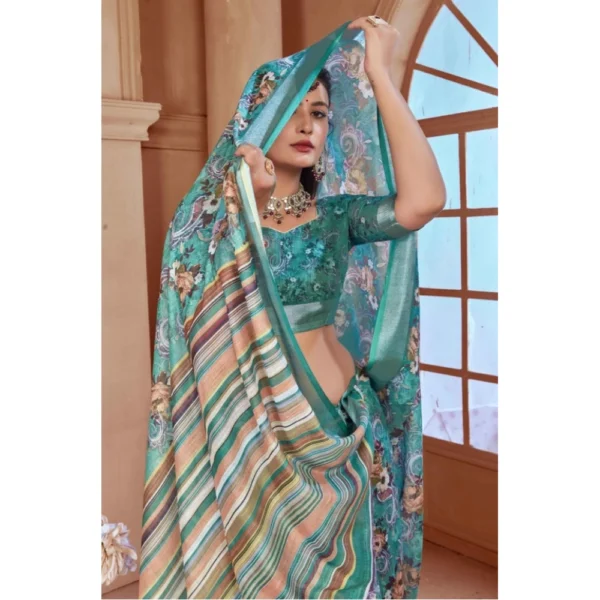 Women's Printed Cotton Linen Saree withPrinted  Saree With Unstitched Blouse (Mint Green, 5-6Mtrs) - Image 4