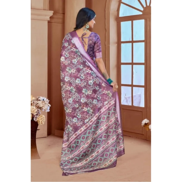 Women's Printed Cotton Linen Saree withPrinted  Saree With Unstitched Blouse (Purple, 5-6Mtrs) - Image 2
