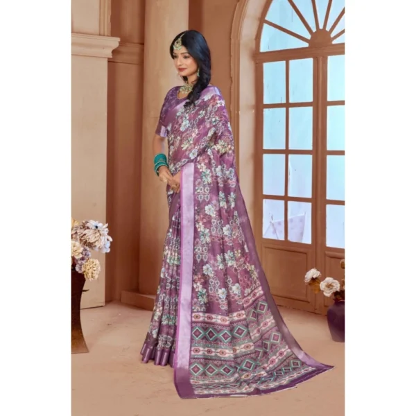 Women's Printed Cotton Linen Saree withPrinted  Saree With Unstitched Blouse (Purple, 5-6Mtrs) - Image 3