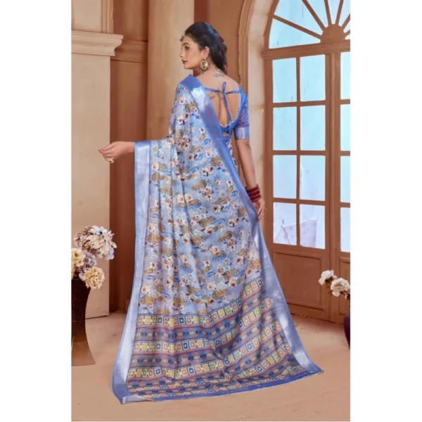 Women's Printed Cotton Linen Saree withPrinted  Saree With Unstitched Blouse (Blue, 5-6Mtrs) - Image 2