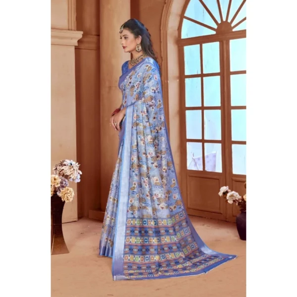 Women's Printed Cotton Linen Saree withPrinted  Saree With Unstitched Blouse (Blue, 5-6Mtrs) - Image 3