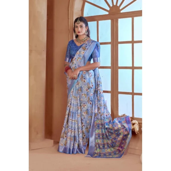 Women's Printed Cotton Linen Saree withPrinted  Saree With Unstitched Blouse (Blue, 5-6Mtrs) - Image 4