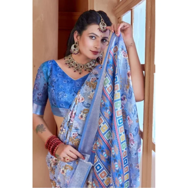Women's Printed Cotton Linen Saree withPrinted  Saree With Unstitched Blouse (Blue, 5-6Mtrs) - Image 5