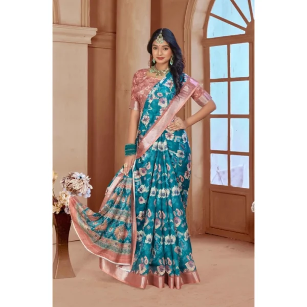 Women's Printed Cotton Linen Saree withPrinted  Saree With Unstitched Blouse (Peacook Green, 5-6Mtrs) - Image 3