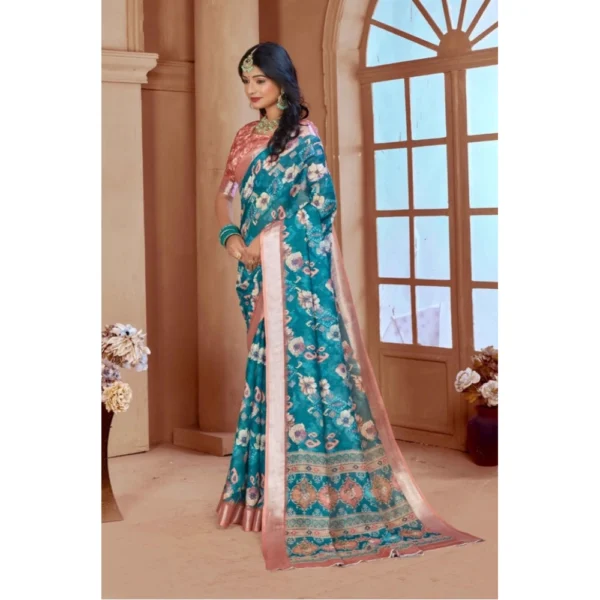 Women's Printed Cotton Linen Saree withPrinted  Saree With Unstitched Blouse (Peacook Green, 5-6Mtrs) - Image 4