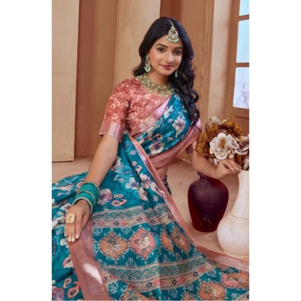 Women's Printed Cotton Linen Saree withPrinted  Saree With Unstitched Blouse (Peacook Green, 5-6Mtrs) - Image 5