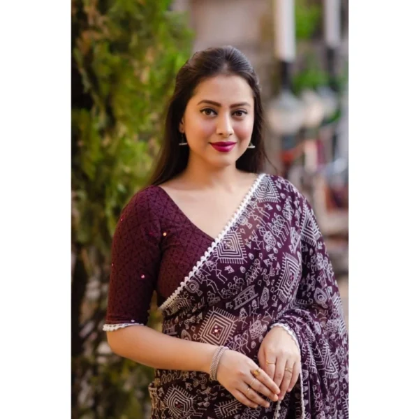 Women's Georgette Printed Saree With Unstitched Blouse (Purple) - Image 3