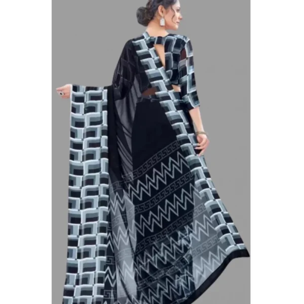 Women's Satin Patta Printed Saree With Unstitched Blouse (Black) - Image 3