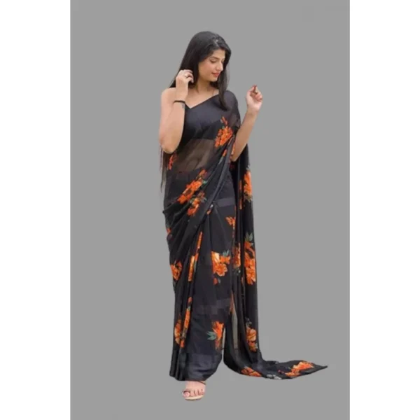 Women's Satin Patta Printed Saree With Unstitched Blouse (Orange) - Image 3