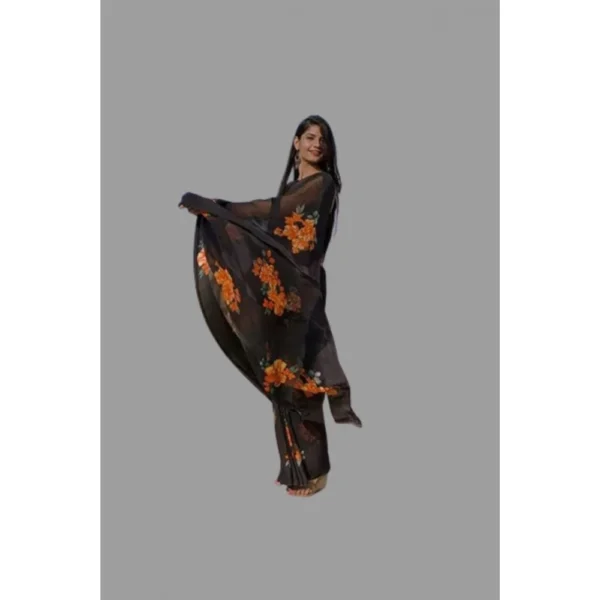 Women's Satin Patta Printed Saree With Unstitched Blouse (Orange) - Image 2