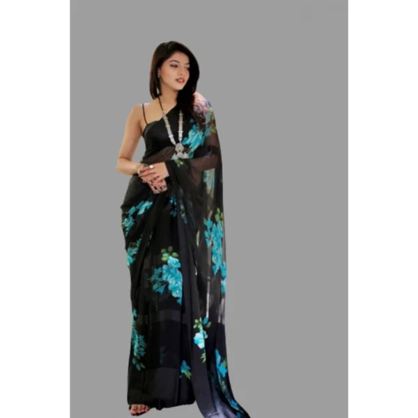 Women's Satin Patta Printed Saree With Unstitched Blouse (Blue) - Image 4