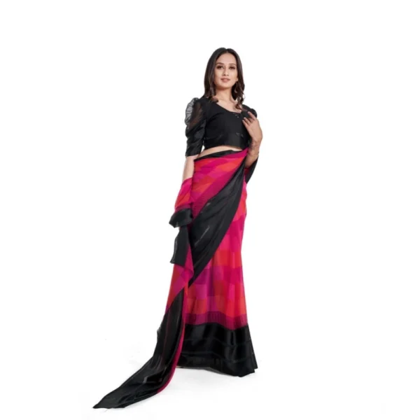 Women's Satin Patta Printed Saree With Unstitched Blouse (Pink) - Image 2
