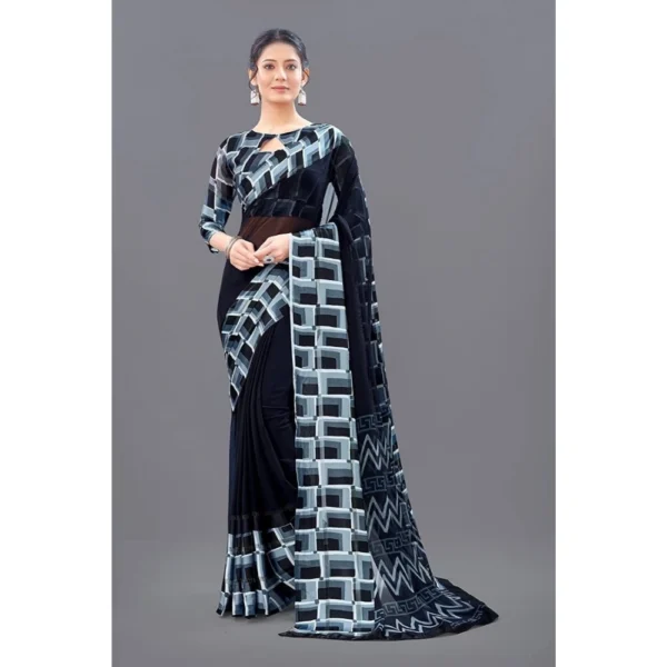 Women's Satin Patta Printed Saree With Unstitched Blouse (Black) - Image 2