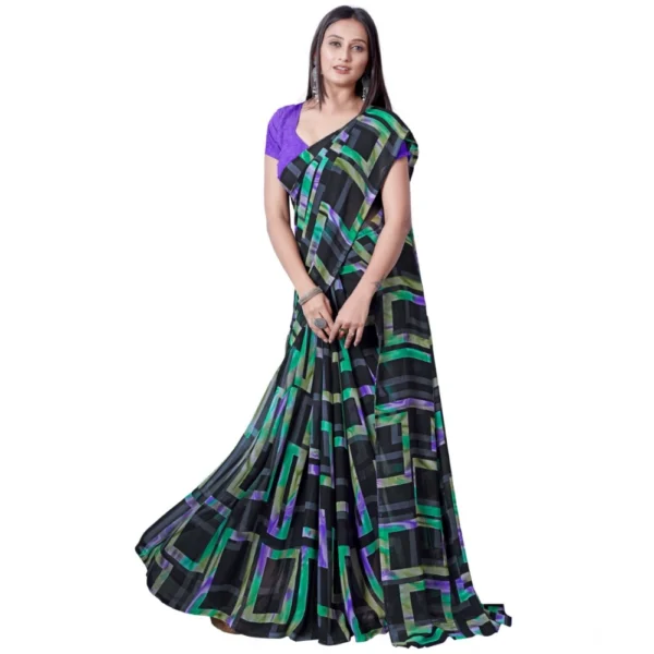 Women's Georgette Printed Saree With Unstitched Blouse (Green) - Image 3