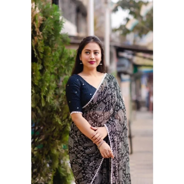 Women's Georgette Printed Saree With Unstitched Blouse (Black) - Image 3