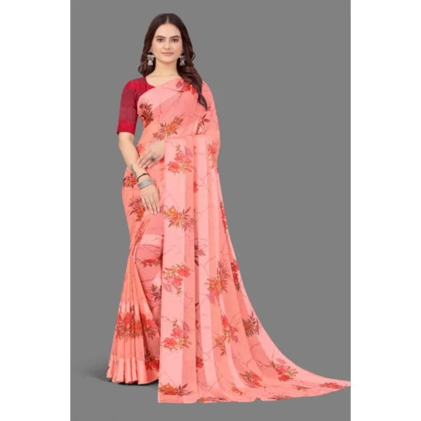 Women's Satin Patta Printed Saree With Unstitched Blouse (Peach) - Image 4