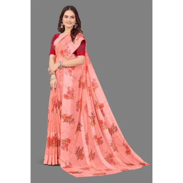 Women's Satin Patta Printed Saree With Unstitched Blouse (Peach) - Image 3