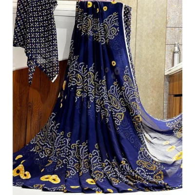 Women's Georgette Printed Saree With Unstitched Blouse (Navy Blue)