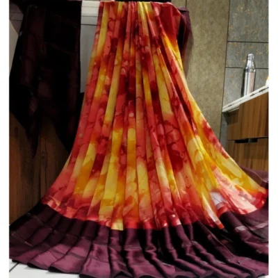 Women's Satin Patta Printed Saree With Unstitched Blouse (Purple)
