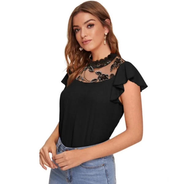 Women's Polyester Solid Cap Sleeve Sweetheart Neck Top (Black) - Image 4