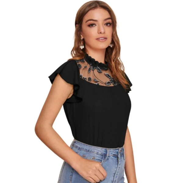 Women's Polyester Solid Cap Sleeve Sweetheart Neck Top (Black) - Image 5